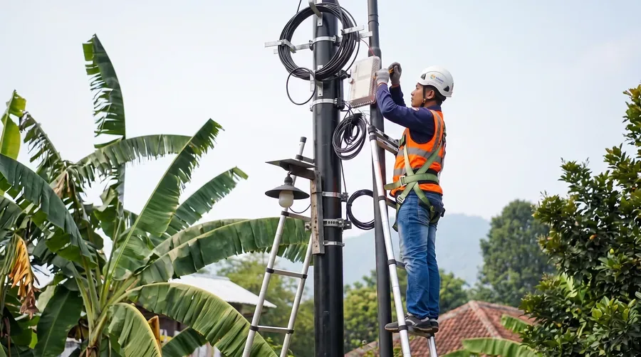 Teknisi telekomunikasi BKU memasang terminasi kabel fiber optik ODP di pedesaan