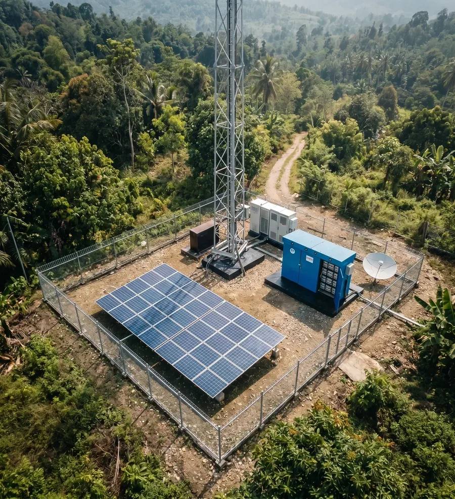 Sistem PLTS panel surya dan kabinet baterai otonom remote site BTS BAKTI BKU