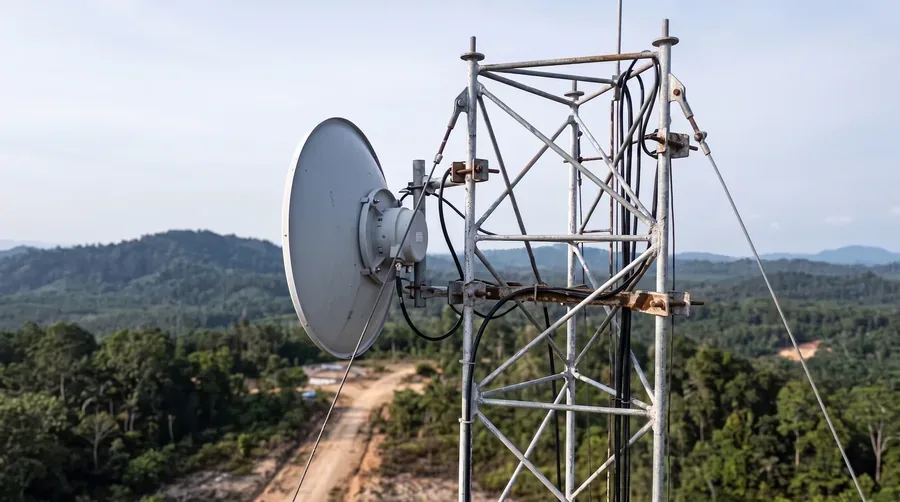 Instalasi radio microwave dan antena menara telekomunikasi BKU di area pertambangan
